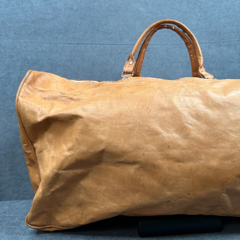 Vintage Hand Tooled Leather Duffel Bag Tan Floral Western Travel Weekender Bag